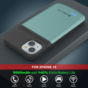 iPhone 15 Battery Case, PunkJuice 5000mAH Fast Charging Power Bank W/ Screen Protector | [Teal]