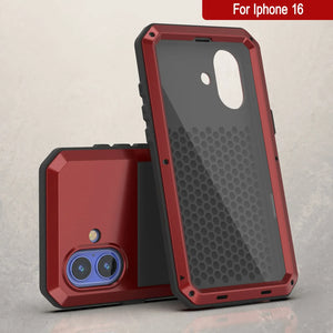 iPhone 16 Metal Case, Heavy Duty Military Grade Armor Cover [shock proof] Full Body Hard [Red]