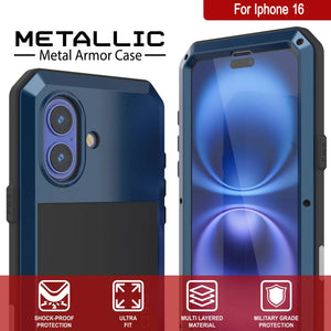 iPhone 16 Metal Case, Heavy Duty Military Grade Armor Cover [shock proof] Full Body Hard [Blue]