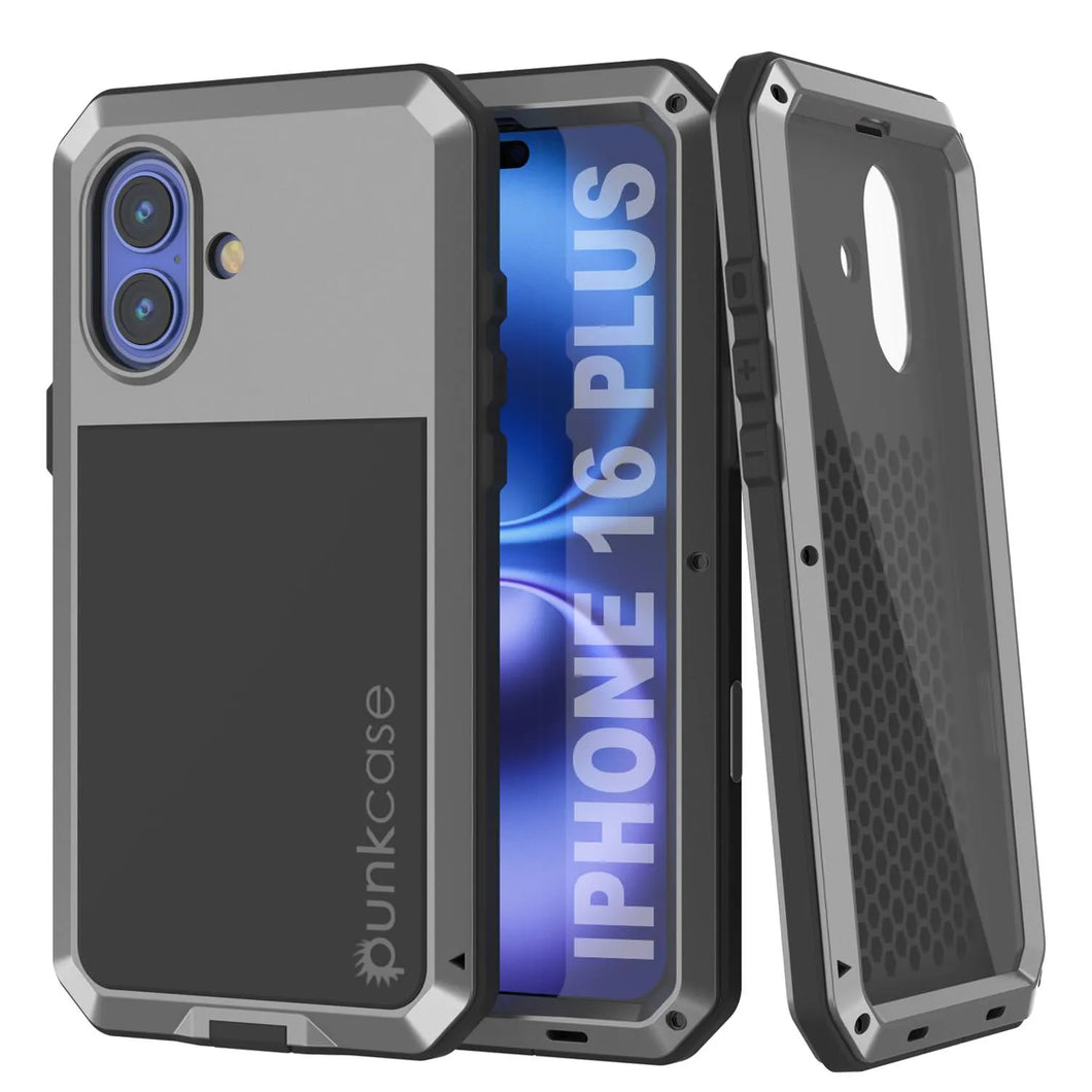 iPhone 16 Plus Metal Case, Heavy Duty Military Grade Armor Cover [shock proof] Full Body Hard [Silver]