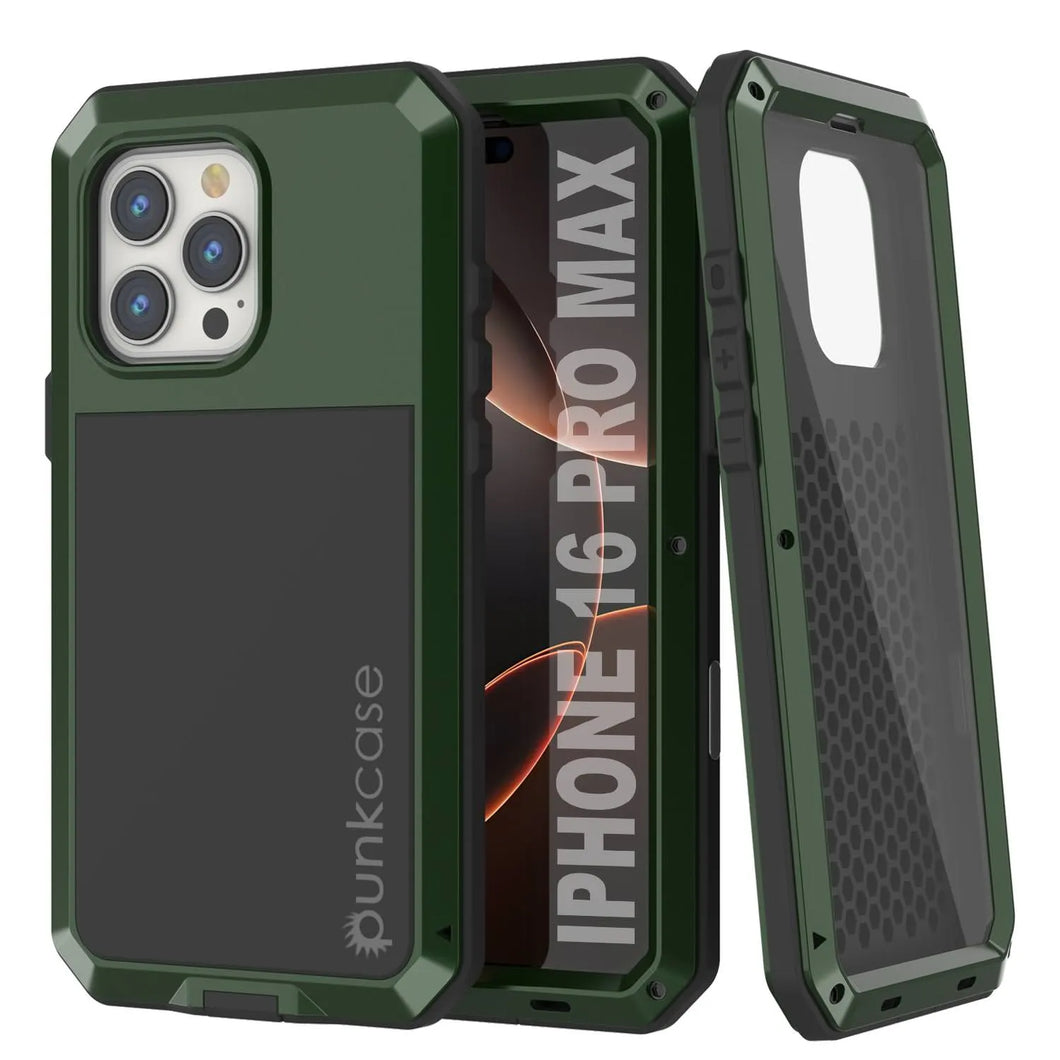 iPhone 16 Pro Max Metal Case, Heavy Duty Military Grade Armor Cover [shock proof] Full Body Hard [Dark Green]