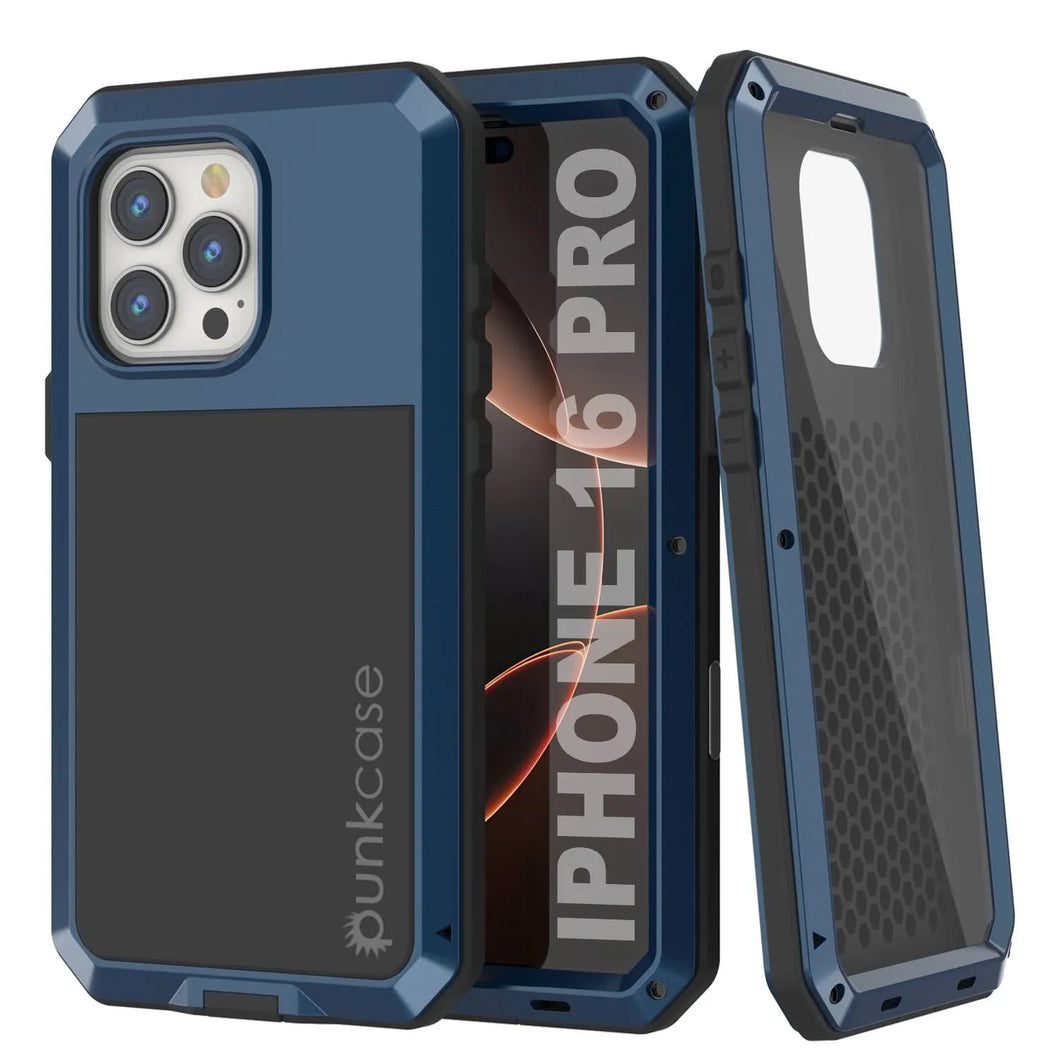 iPhone 16 Pro Metal Case, Heavy Duty Military Grade Armor Cover [shock proof] Full Body Hard [Blue]