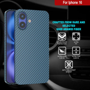 Punkcase iPhone 16 Carbon Fiber Case [AramidShield Series] Ultra Slim & Light Kevlar [Blue]