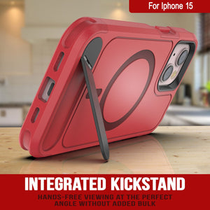 PunkCase iPhone 15 Case, [Spartan X Series] Rugged Heavy Duty Cover W/Kickstand+MagRing [red]