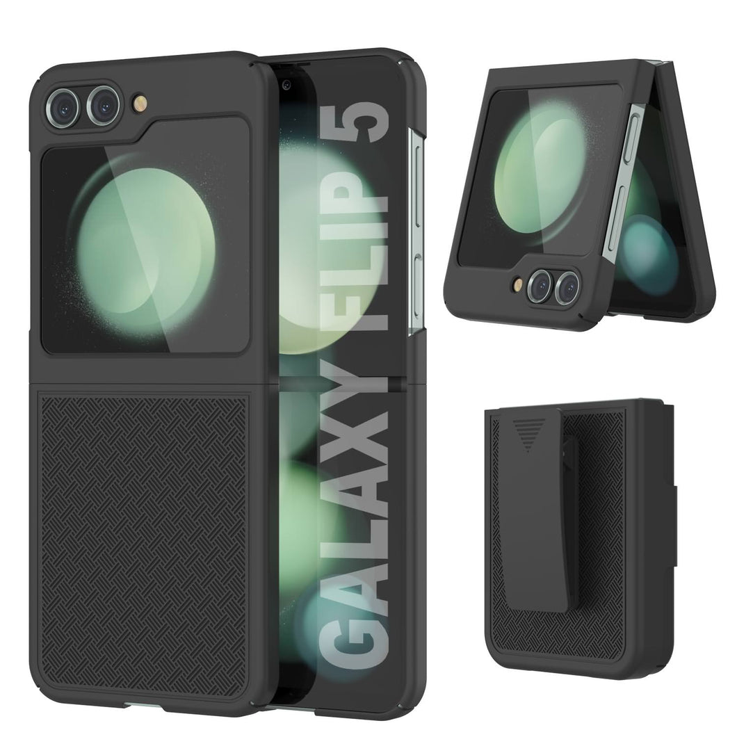 Galaxy Z Flip5 Case With Tempered Glass Screen Protector, Holster Belt Clip & Built-In Kickstand [Black]