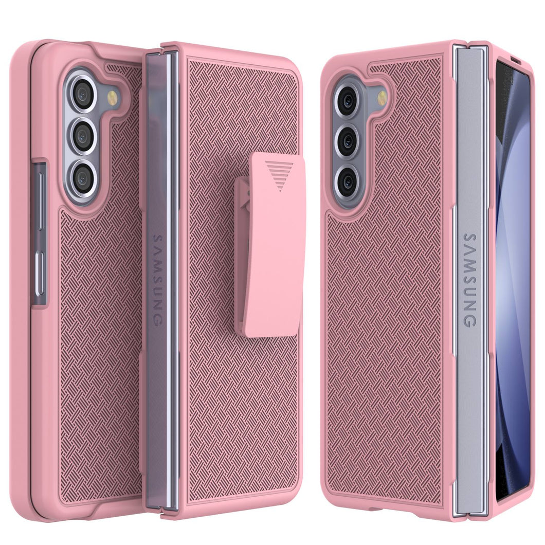 Galaxy Z Fold5 Case With Tempered Glass Screen Protector, Holster Belt Clip & Built-In Kickstand [Pink]