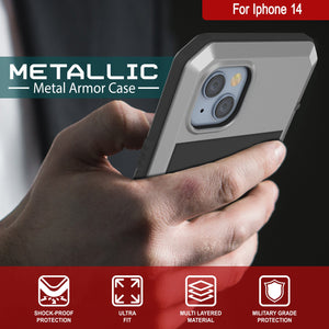 iPhone 14 Metal Case, Heavy Duty Military Grade Armor Cover [shock proof] Full Body Hard [Silver]