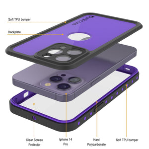 iPhone 14 Pro Waterproof IP68 Case, Punkcase [Purple] [StudStar Series] [Slim Fit] [Dirtproof]