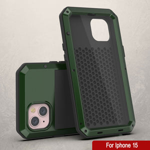 iPhone 15 Metal Case, Heavy Duty Military Grade Armor Cover [shock proof] Full Body Hard [Dark Green]