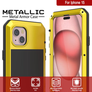 iPhone 15 Metal Case, Heavy Duty Military Grade Armor Cover [shock proof] Full Body Hard [Yellow]