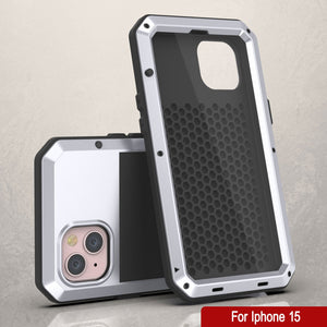 iPhone 15 Metal Case, Heavy Duty Military Grade Armor Cover [shock proof] Full Body Hard [White]