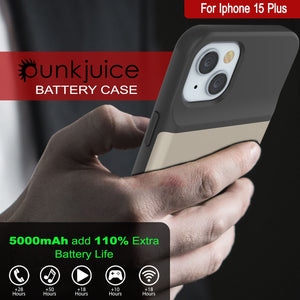 iPhone 15 Plus Battery Case, PunkJuice 5000mAH Fast Charging Power Bank W/ Screen Protector | [Gold]