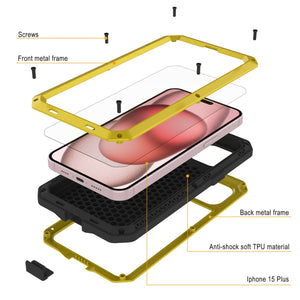 iPhone 15 Plus Metal Case, Heavy Duty Military Grade Armor Cover [shock proof] Full Body Hard [Yellow]