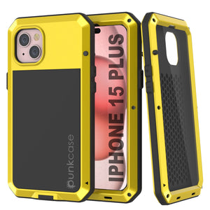 iPhone 15 Plus Metal Case, Heavy Duty Military Grade Armor Cover [shock proof] Full Body Hard [Yellow]