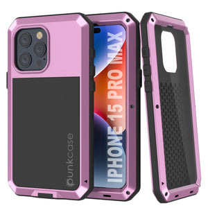 iPhone 15 Pro Max Metal Case, Heavy Duty Military Grade Armor Cover [shock proof] Full Body Hard [Pink]