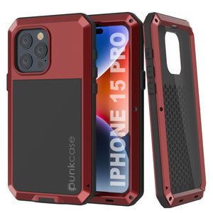 iPhone 15 Pro Metal Case, Heavy Duty Military Grade Armor Cover [shock proof] Full Body Hard [Red]