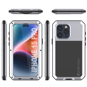 iPhone 15 Pro Metal Case, Heavy Duty Military Grade Armor Cover [shock proof] Full Body Hard [White]