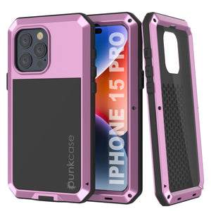 iPhone 15 Pro Metal Case, Heavy Duty Military Grade Armor Cover [shock proof] Full Body Hard [Pink]