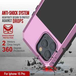 iPhone 15 Pro Metal Case, Heavy Duty Military Grade Armor Cover [shock proof] Full Body Hard [Pink]