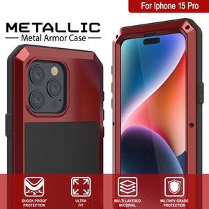 iPhone 15 Pro Metal Case, Heavy Duty Military Grade Armor Cover [shock proof] Full Body Hard [Red]