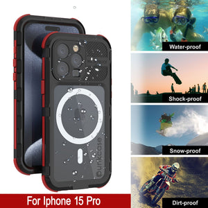 iPhone 15 Pro Metal Extreme 2.0 Series Aluminum Waterproof Case IP68 W/Buillt in Screen Protector [Black-Red]
